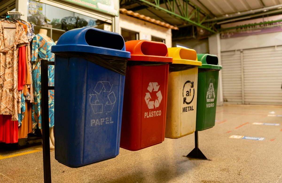 Verschiedenfarbige Wertstofftonnen in einer Liegenschaft — Symbolbild Container-Größen und Tonnen-Identifikation